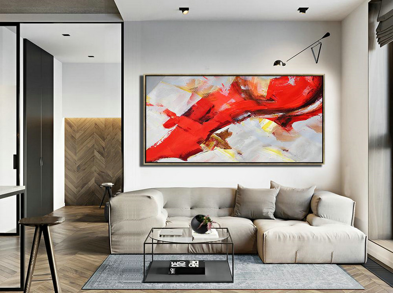 Original Abstract Painting Extra Large Canvas Art,Horizontal Palette Knife Contemporary Art Panoramic Canvas Painting,Huge Canvas Art On Canvas,Red,White,Yellow.etc